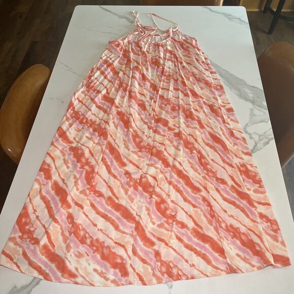 Lush Slip Midi Dress Tie Dye Boho Beach Resort Spaghetti Strap Tie Back Flowy M - Picture 12 of 14